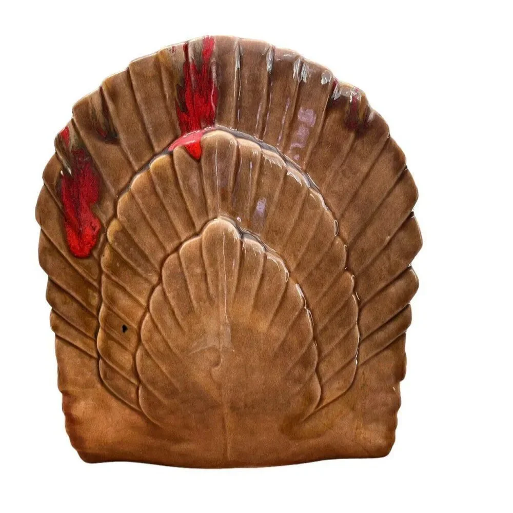 Turkey Napkin Holder Glazed Handmade Ceramic VTG Thanksgiving Red Crystal Glaze